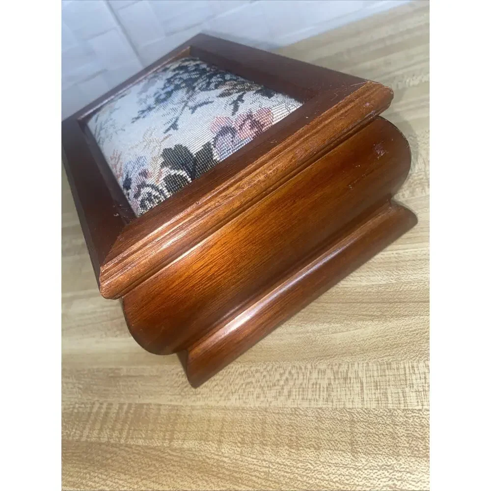 Vintage Jewelry Box Wood with Floral Tapestry Inlaid Top Mirrored Velvet Inside